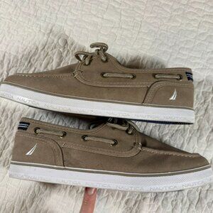 Nautica Boat Shoes Loafers Size 5 Tan Navy White Slip On Deck Shoes